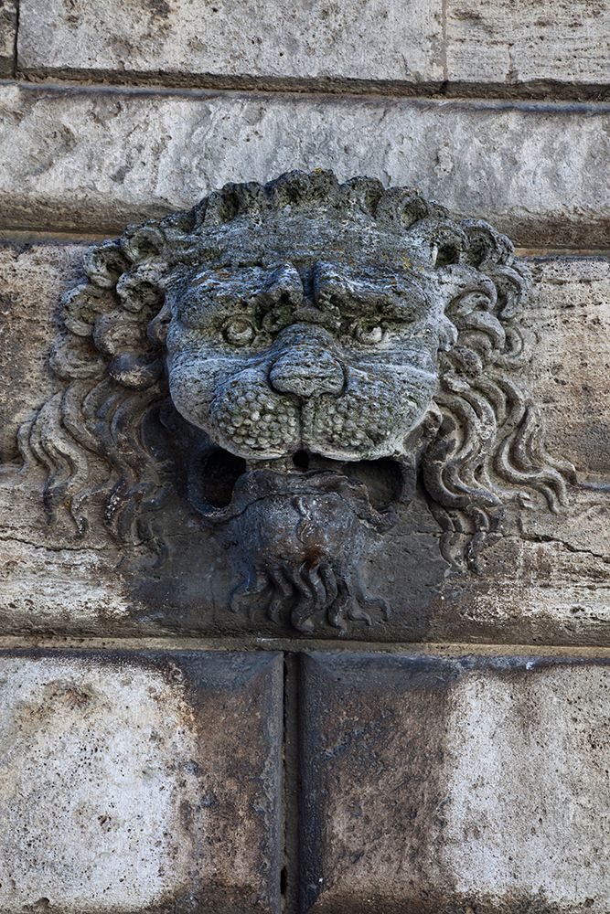 Italy-Tuscany-Montepulciano Carving of a lions head on a stone building art print by Julie Eggers for $57.95 CAD